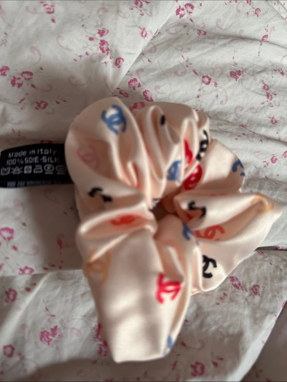 Novelty Pink Satin Scrunchie with Multicolor Logo Print